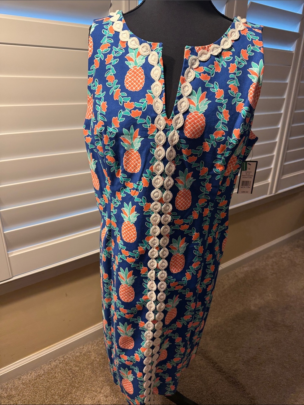 Sleeveless Blue Pineapple Print Shift Dress